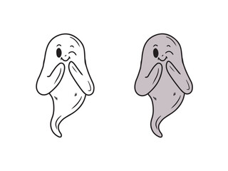 Cute nice grey smiling winking ghost spook in black isolated on white background. Hand drawn vector sketch illustration in doodle engraved vintage line art style. Happy Halloween symbol, horror.