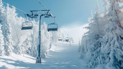 Fototapeta premium Ski resort chairlift carrying skiers up a snowy mountain