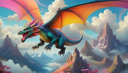 A vibrant and majestic dragon with colorful scales soars over a fantastical landscape filled with towering mountains and fluffy clouds. The scene evokes a sense of wonder and adventure, ideal for