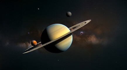 The planet Saturn on a dark background.