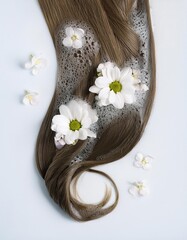 a strait and smooth hair isolated on background for hair care with a shampoo and flowers