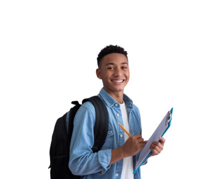 Smiling student holding clipboard and pencil in casual attire