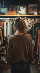 Obraz premium Woman shopping for clothes, trying on clothes, looking around a clothing store