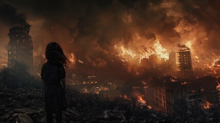 A little girl s despair  gazing at a burning ruined city symbolizing apocalypse and war