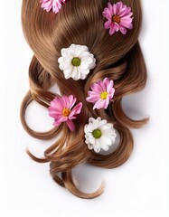 a strait and smooth hair isolated on background for hair care with a shampoo and flowers
