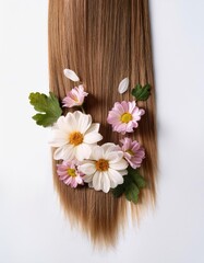 a strait and smooth hair isolated on background for hair care with a shampoo and flowers