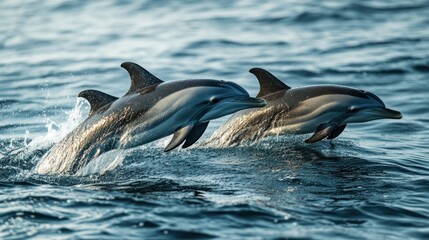 Two dolphins leaping gracefully above the ocean surface.