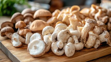 Fototapeta premium A close-up of a variety of fresh mushrooms on a wooden cutting board, showcasing their different shapes and textures in natural light