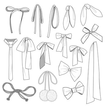 A collection of sketched bows and ribbons.
A variety of hand-drawn ribbons for clothing and fashion items.