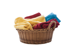 Woven basket filled with colorful towels in a bright setting