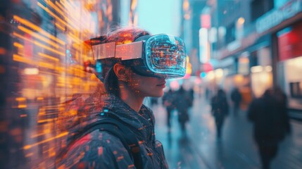 Futuristic immersive AR city tours led by AI guides: Tourists exploring a city with augmented reality devices guided by AI.