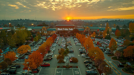 Sunset Glow Over Black Friday Sale at Bustling Shopping Center Parking Lot