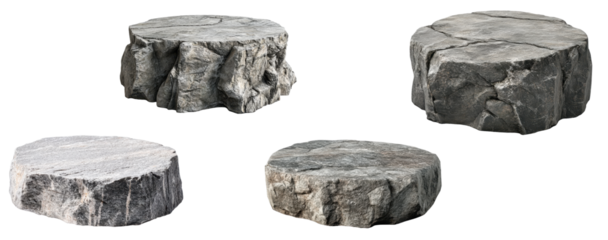 Set of Stone round podium made of rock, isolated on transparent background, minimalist display