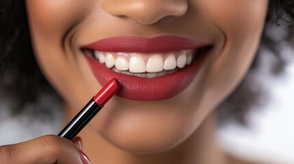 Naklejka premium A close-up of a woman applying lipstick with precision, showcasing her flawless makeup and radiant smile, with a clean and bright background.