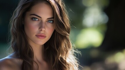 Naklejka premium A woman with long brown hair and a blue eye