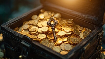 A conceptual image of a key unlocking a treasure chest filled with gold coins, representing the unlocking of financial opportunities and potential.