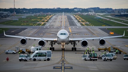 Jet Landing with Ground Crew Preparing for Arrival