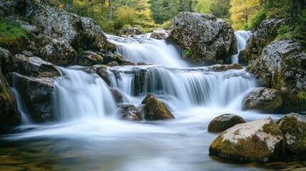 A serene waterfall cascades over rocks in a lush, green landscape, showcasing nature's beauty.