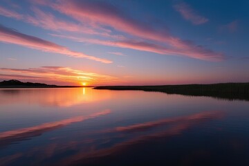 Obraz premium Tranquil Sunset Reflection on Calm Waters in Secluded Landscape