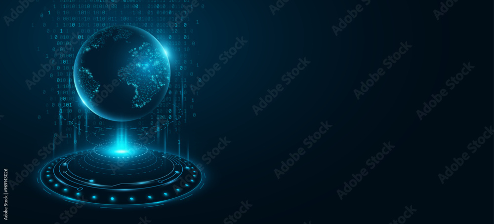 Poster futuristic planet earth hologram with flowing binary code into cyberspace. digital world map of glow
