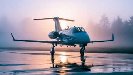 Jet in Early Morning Mist with Rising Sun Behind Wings