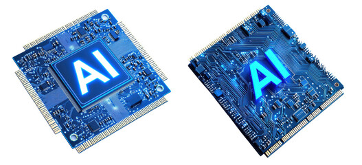 Set of  Top view of blue CPU microchips with AI at the center, advanced tech innovation, isolated on transparent background 