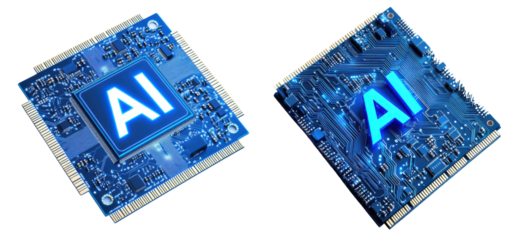 Set of  Top view of blue CPU microchips with AI at the center, advanced tech innovation, isolated on transparent background 