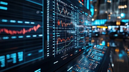Naklejka premium A busy stock exchange floor with screens displaying market data from various countries, highlighting the interconnectedness of global financial markets.