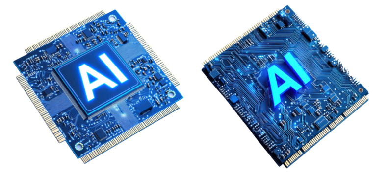 Set of  Top view of blue CPU microchips with AI at the center, advanced tech innovation, isolated on transparent background 