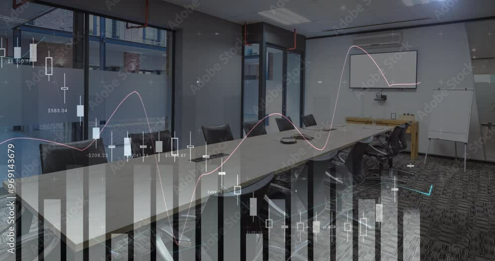 Poster animation of financial data processing over empty office