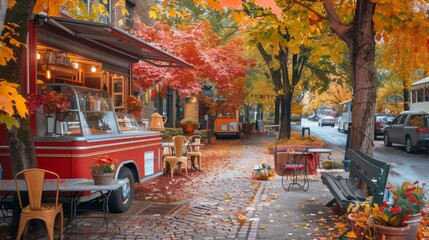 Obraz premium Charming mobile coffee shop surrounded by vibrant autumn foliage on a peaceful street scene