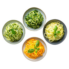 Top view of three plates with fresh zucchini noodles, healthy vegetarian meal, isolated on transparent t background