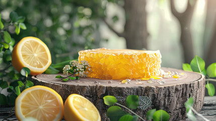 Natural podium platform with lemon and honeycomb Nature and Organic product placement display for cosmetic, healthy and food presentation theme Ads, banners, website, social media