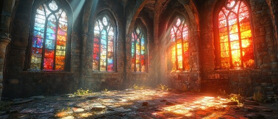 Fototapeta premium Sunbeams Illuminating a Ruined Stone Church with Stained Glass Windows
