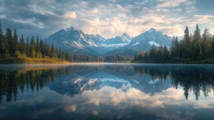 Serene mountain landscape reflecting in a calm lake under a cloudy sky.