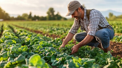 A farmer harvesting organic produce in a field, representing sustainable agriculture and responsible food production.