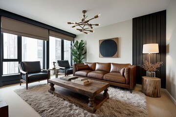 Stylish 3D Urban Flat Design Featuring Elegant Sitting Area Luxurious Leather Sofa Rustic Coffee Table and Cozy Carpet