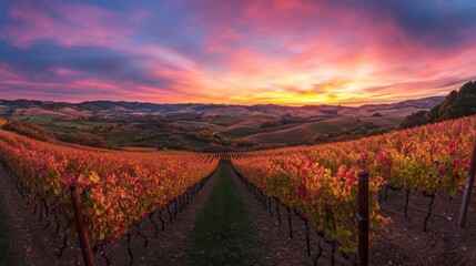 A vibrant vineyard at sunset, showcasing rows of grapevines against a colorful sky.