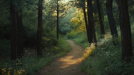 Fototapeta premium A serene forest path illuminated by soft sunlight, inviting exploration and tranquility.