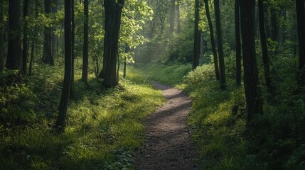 Obraz premium A serene forest path bathed in soft light, inviting exploration and tranquility.