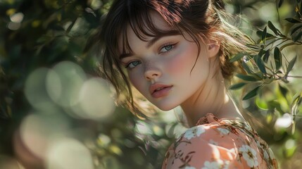 Naklejka premium A young woman with a serene expression surrounded by greenery, showcasing natural beauty.