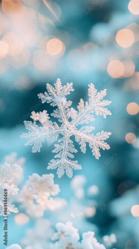 Poster macro shot of intricate snowflake against blurred