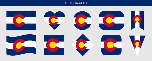 Colorado state flag set. American state flag of different shapes. Vector illustration isolated on white background