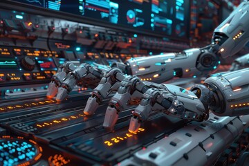 Fototapeta premium A robot is typing on a computer keyboard