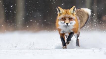 A red fox running through the snow, showcasing its vibrant fur and playful demeanor.