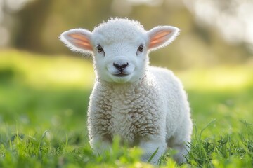 Fototapeta premium adorable young lamb with fluffy white wool playful expression standing in lush green meadow under soft sunlight evoking pastoral charm and innocence