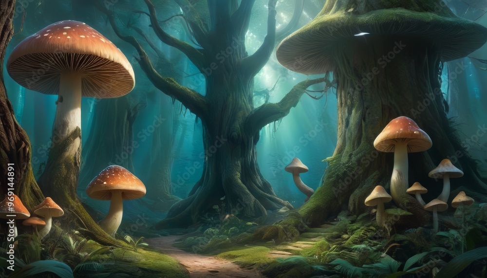 Poster an enchanting forest scene with towering trees and oversized mushrooms. the mystical atmosphere and 
