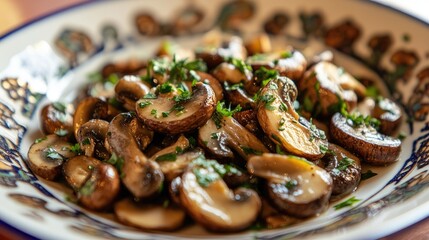 Fototapeta premium A colorful shot of a mushroom dish being served, such as saut mushrooms with garlic and herbs, arranged on a white plate