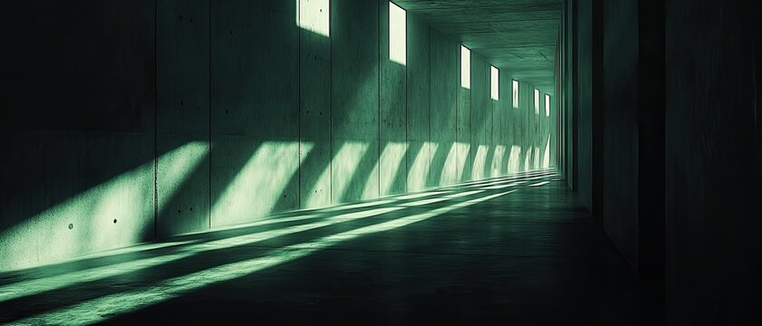 shadows light reflections create dramatic patterns surreal atmosphere mysterious ambiance haunting visuals cinematic lighting enigmatic space evocative shapes intriguing depth