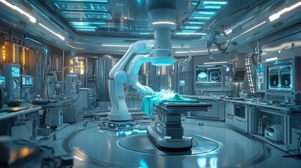 Futuristic medical laboratory with robotic surgeons performing complex operations: A high-tech operating room where robots handle surgeries with precision.